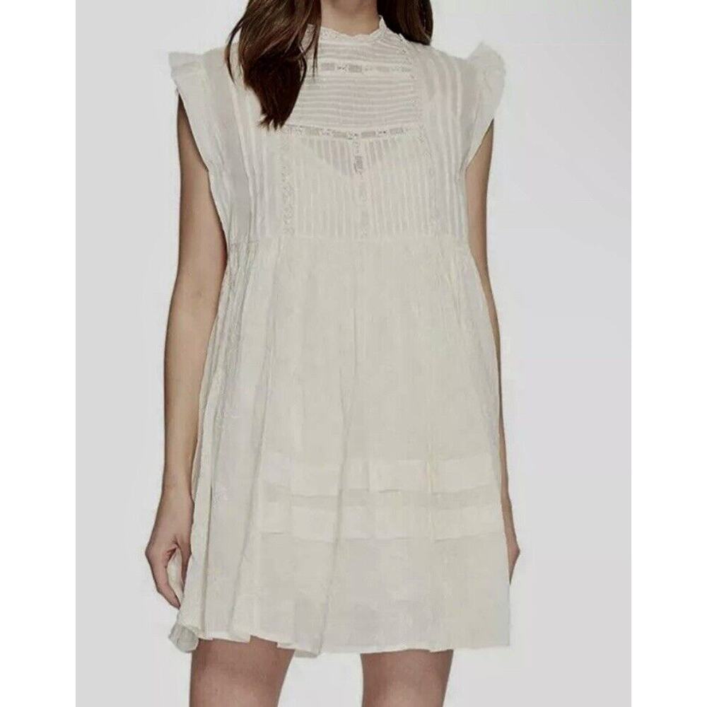 Free People Womens White Lace High Neck Embroidered Pleated Mini Dress Size XS